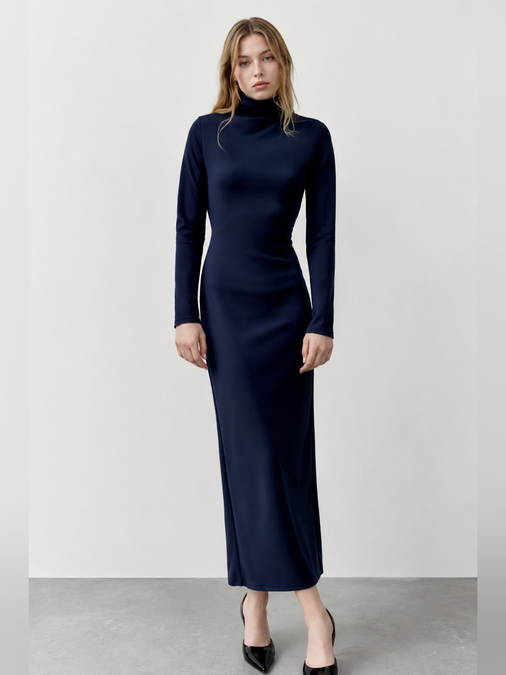 Zara Navy Blue Twisted Open Back Turtleneck Midi Dress – Size M – NWT